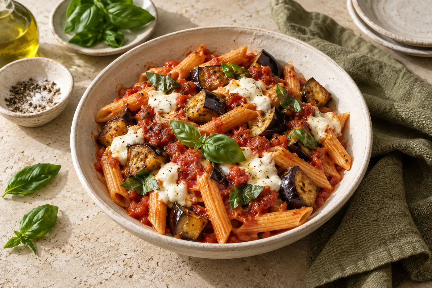 Pasta mit Auberginen und Mozzarella in einer Keramikschale