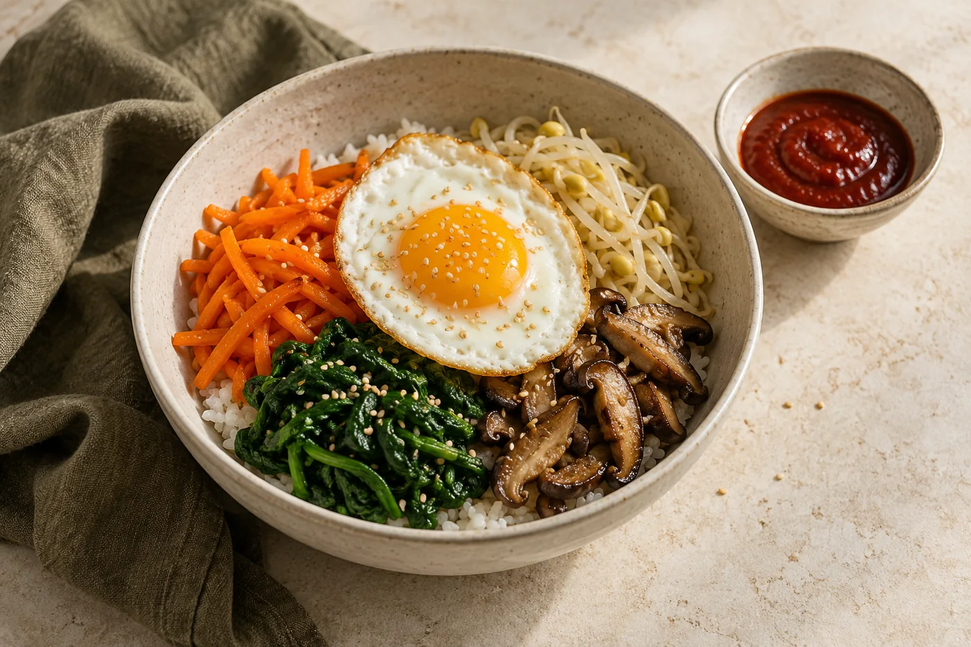 Vegetarisches Bibimbap mit Gemüse auf hellem Geschirr angerichtet