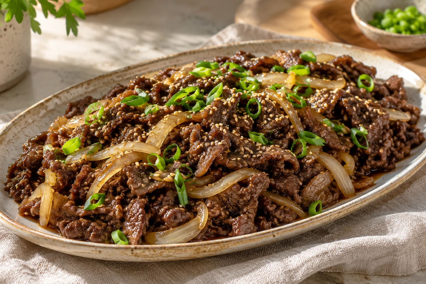 Bulgogi mit Rind auf einem gedeckten Tisch