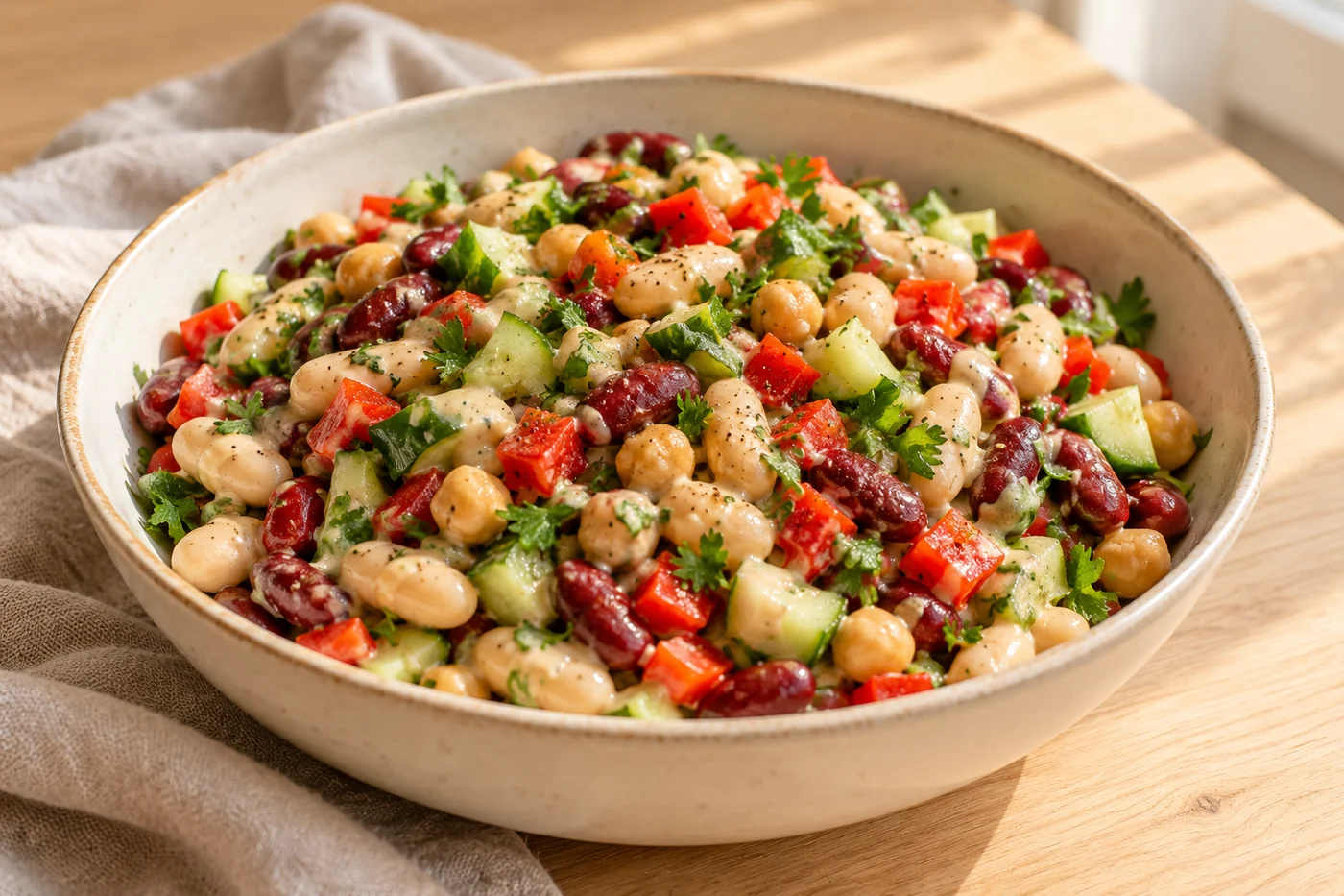 Bunter Bohnensalat – Dense Bean Salad mit Tahini – das fertig zubereitete Gericht