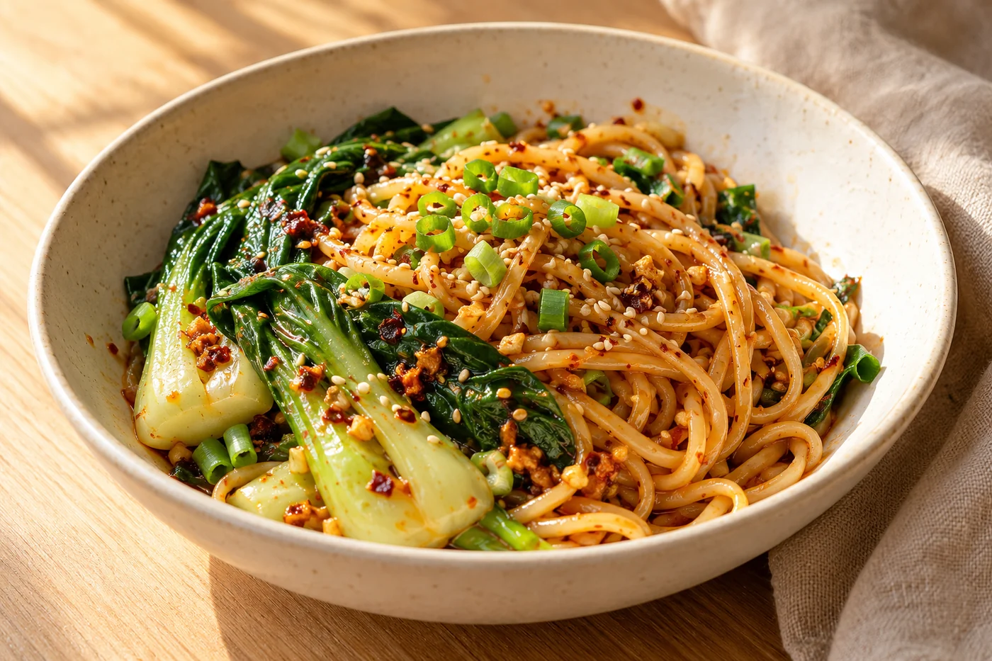 Chiliöl-Nudeln mit Pak Choi – Chili Oil Noodles – das fertig zubereitete Gericht