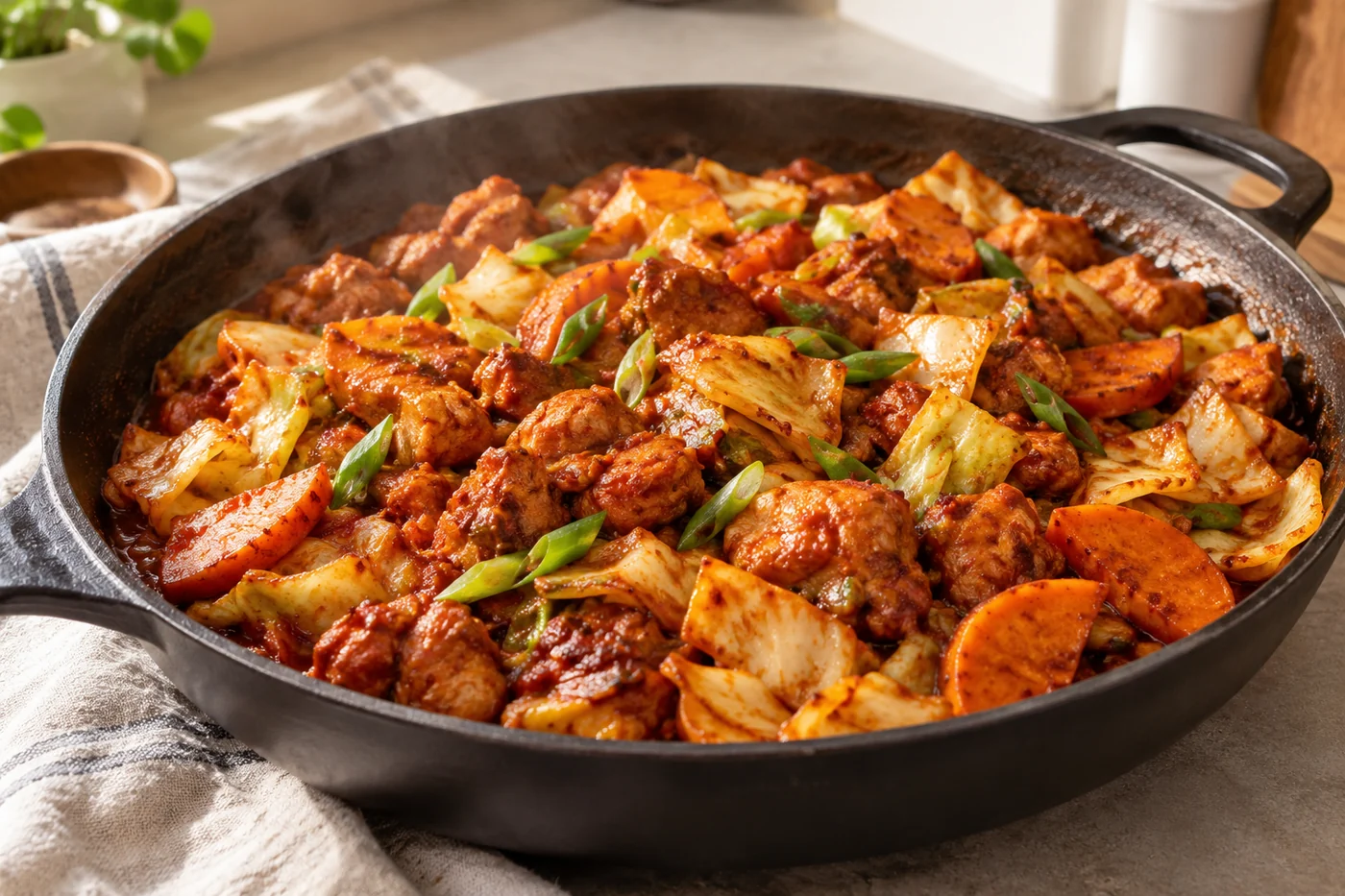 Dakgalbi – würziges Hähnchen mit Gemüse: Fertig angerichtet