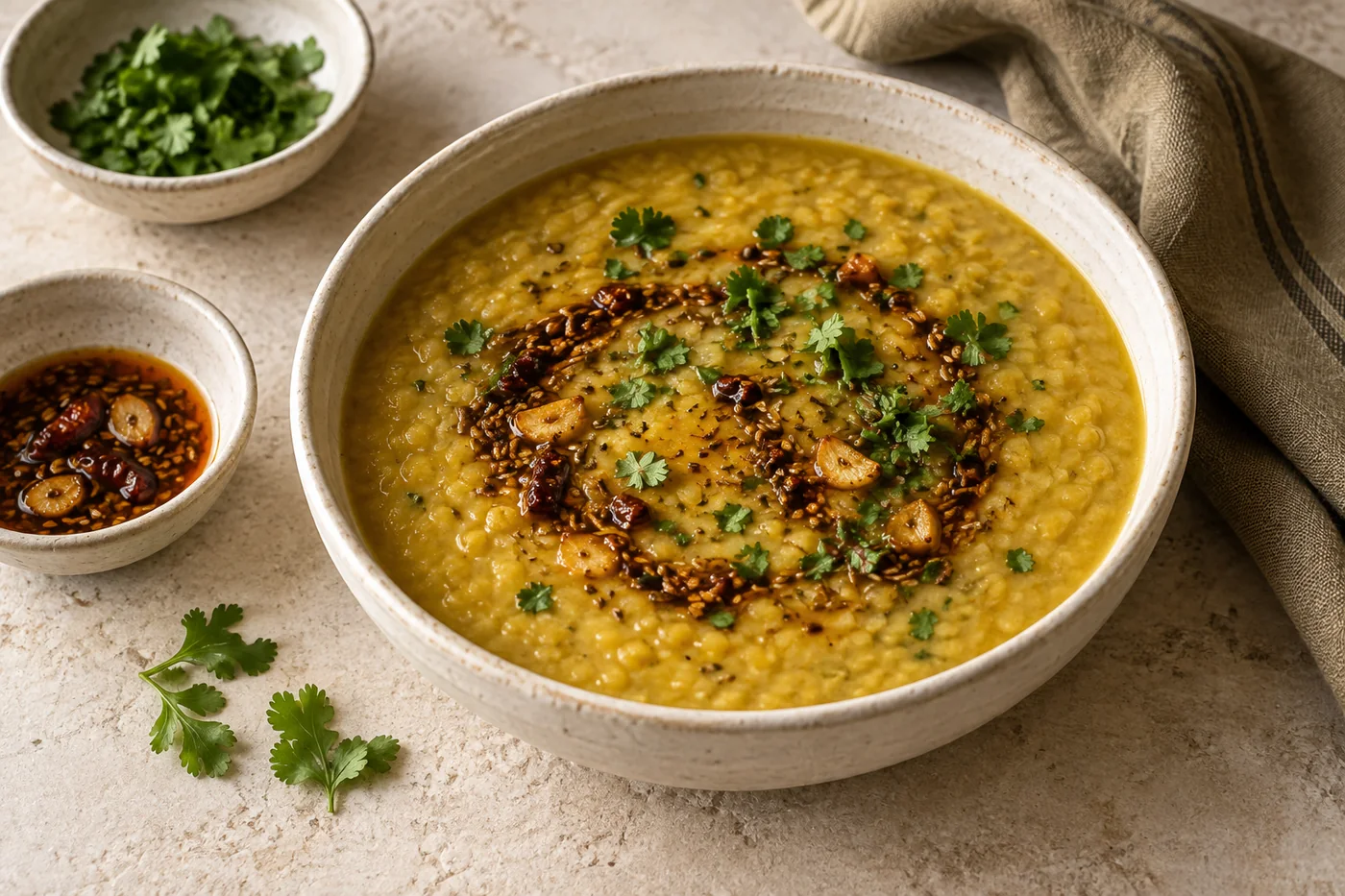 Dal Tadka mit gelben Linsen auf hellem Geschirr angerichtet