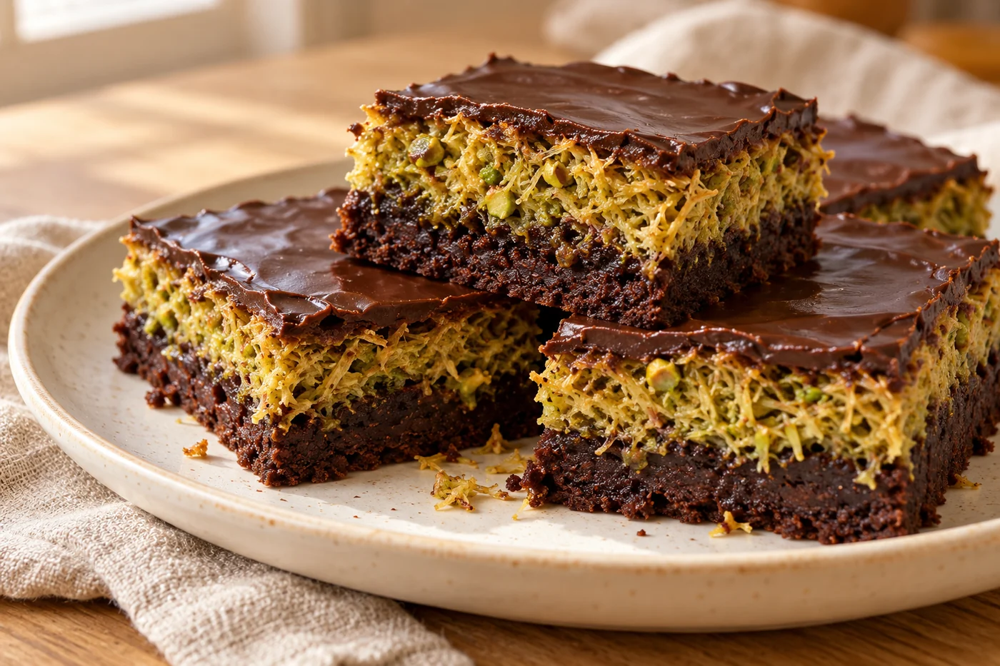 Dubai-Schokoladen-Brownies mit Pistazienknusper auf hellem Geschirr