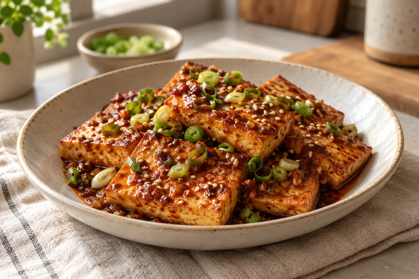 Dubu Jorim – geschmorter Tofu: Fertig angerichtet