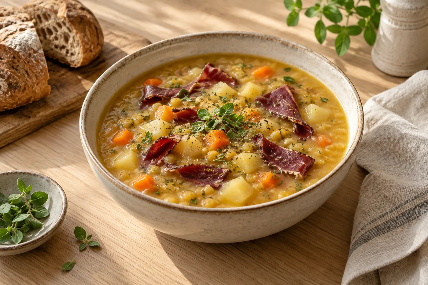 Erbseneintopf mit Kartoffeln und Pastırma