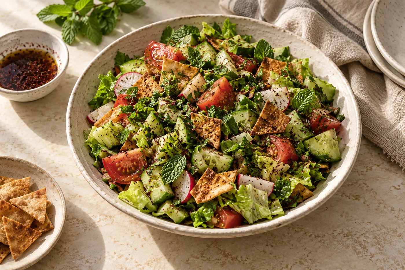 Fattoush mit knusprigem Fladenbrot auf hellem Keramikgeschirr