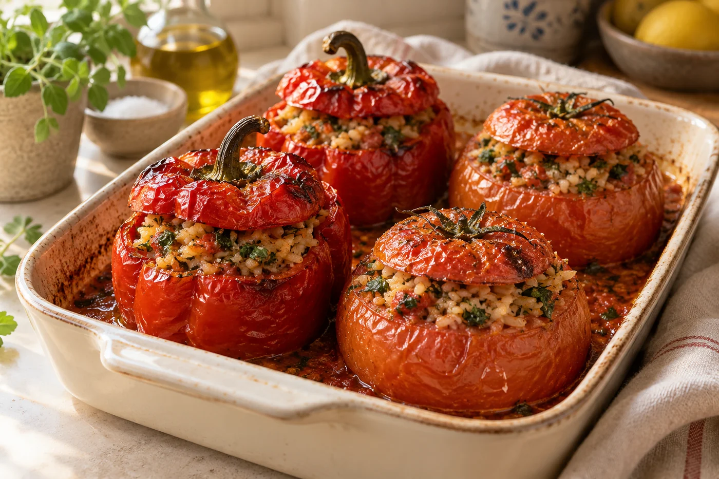 Gemista – gefüllte Tomaten und Paprika auf einem gedeckten Tisch