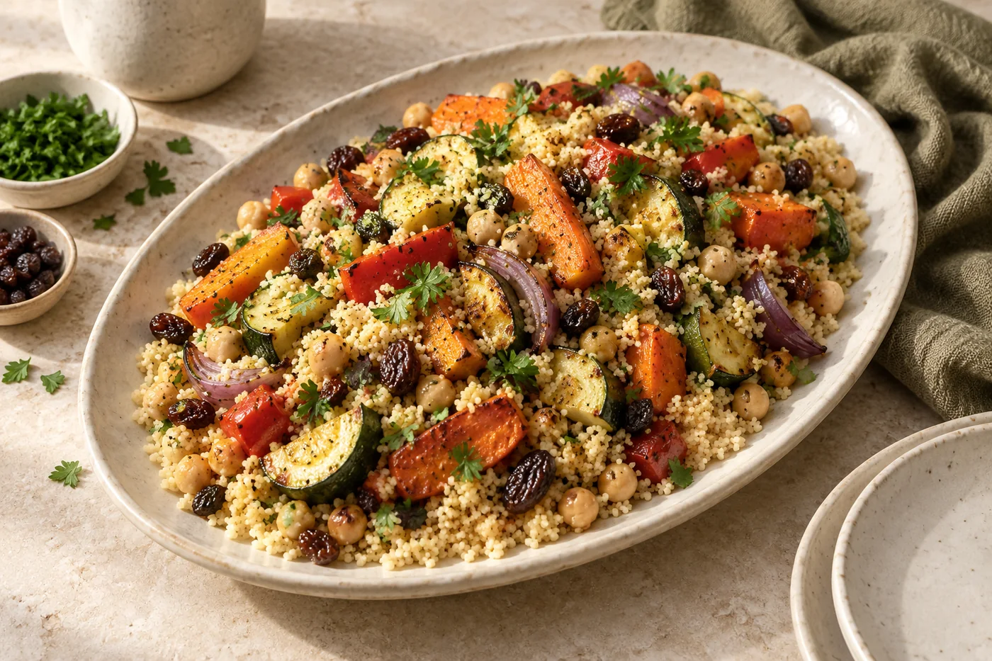 Marokkanisch inspirierter Gemüse-Couscous auf hellem Geschirr angerichtet