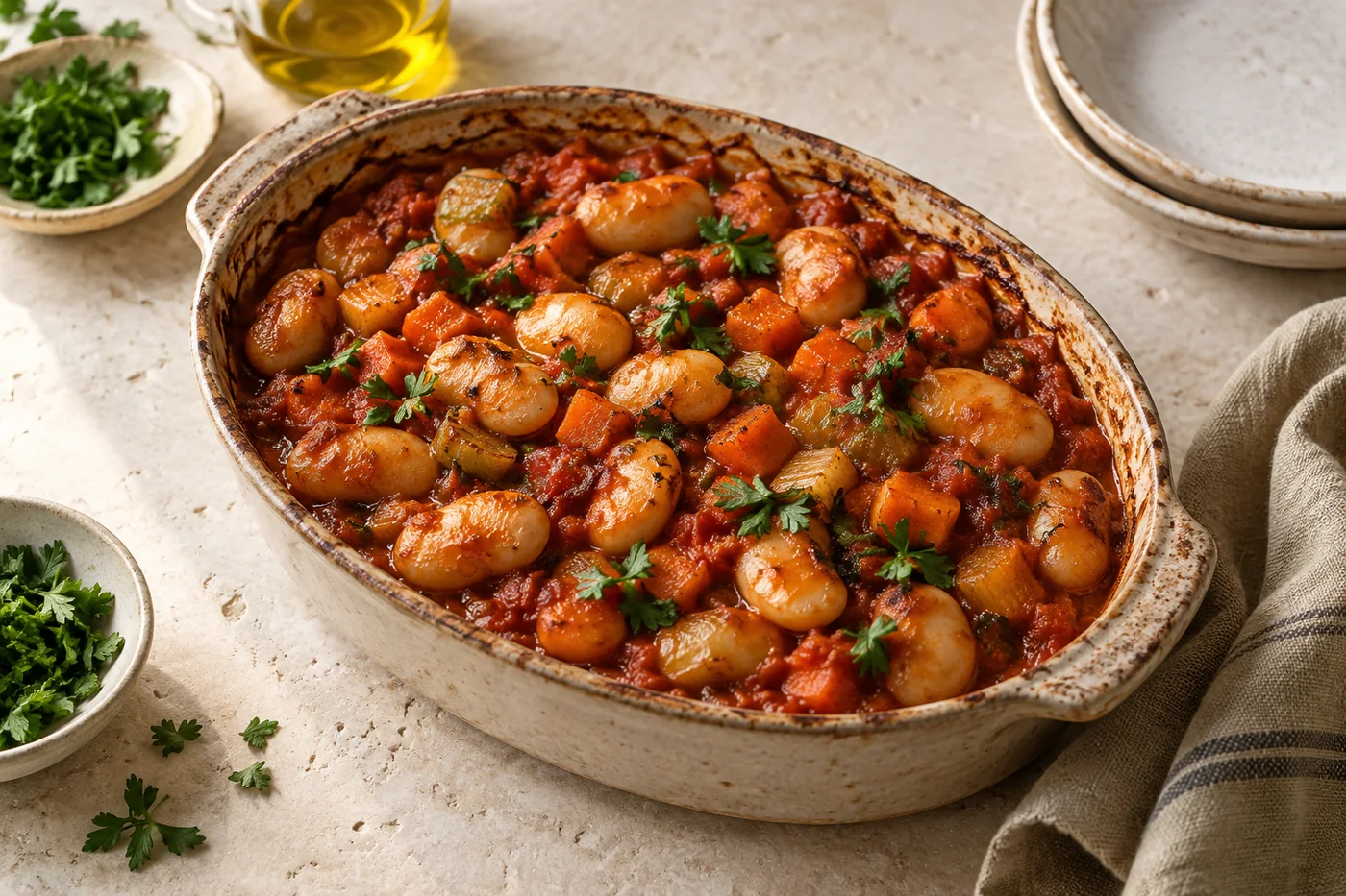 Gigantes mit Tomatensauce auf hellem Geschirr angerichtet
