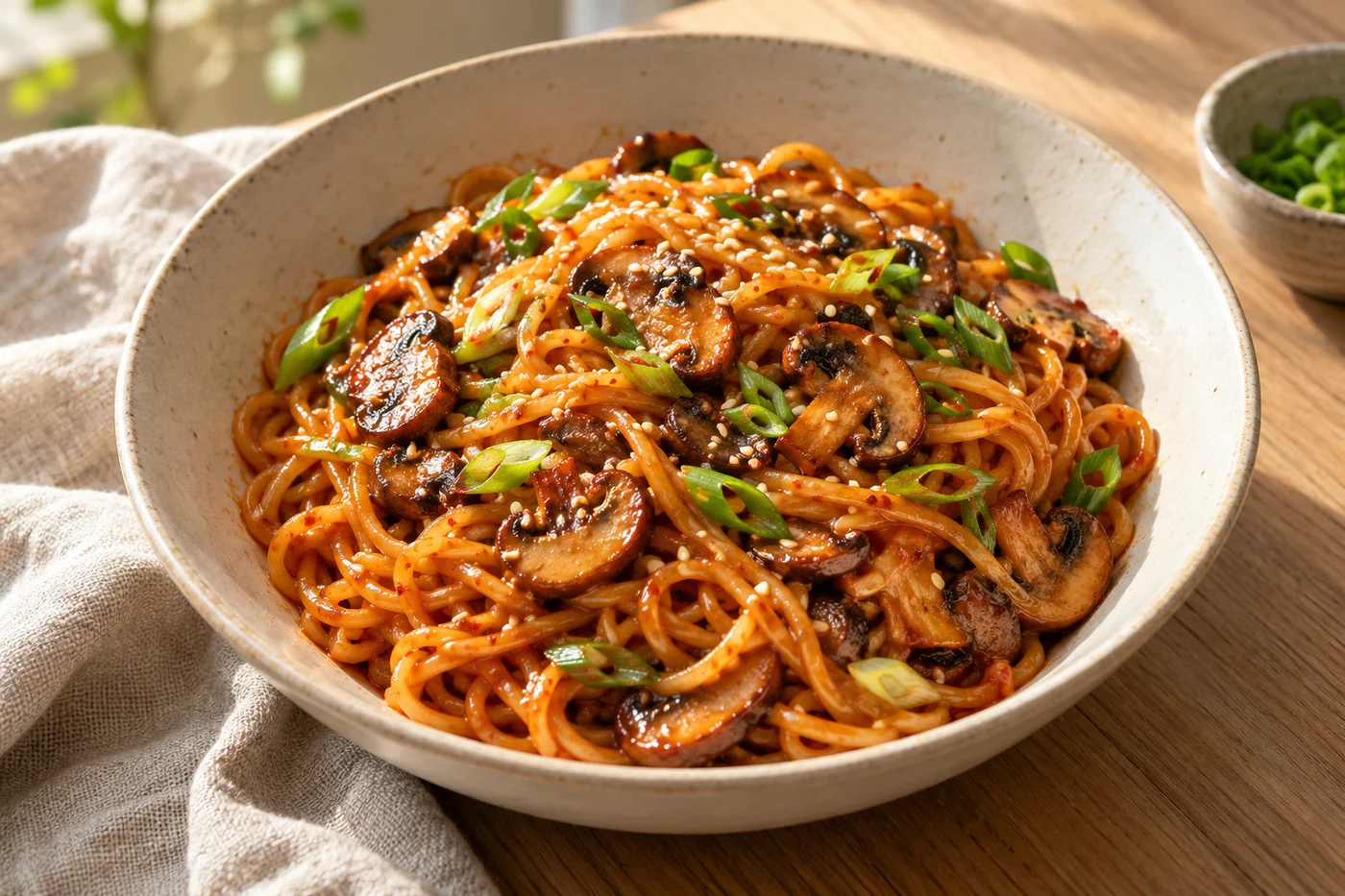 Gochujang-Butter-Nudeln mit Pilzen auf hellem Keramikgeschirr