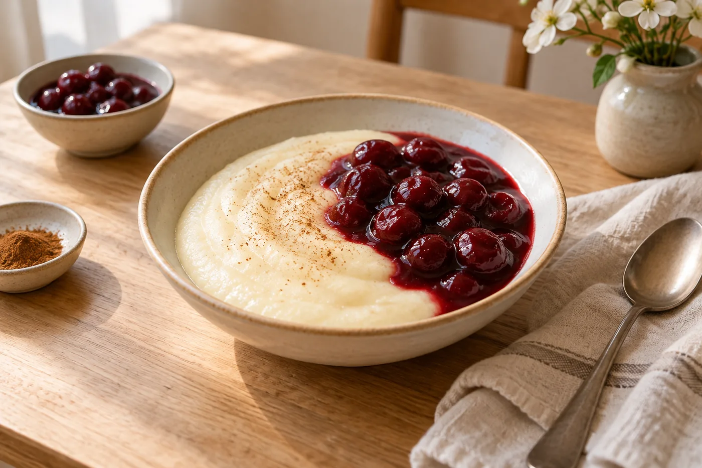 Grießbrei mit warmen Kirschen