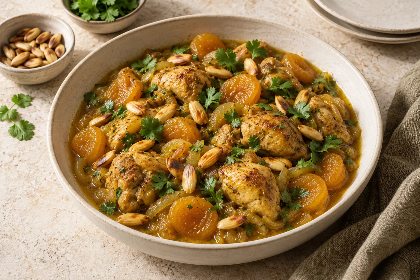 Marokkanisch inspiriertes Hähnchen mit Aprikosen auf hellem Geschirr angerichtet