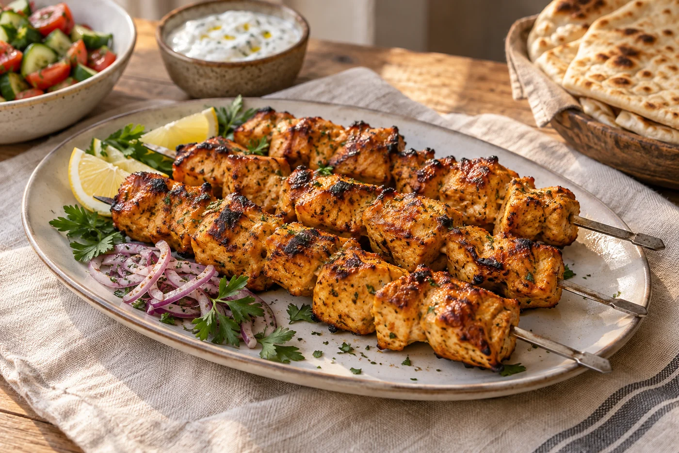 Hähnchen-Şiş mit Joghurtmarinade: Fertig angerichtet