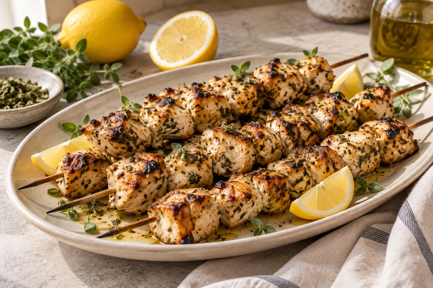 Hähnchen-Souvlaki mit Zitrone auf einem gedeckten Tisch
