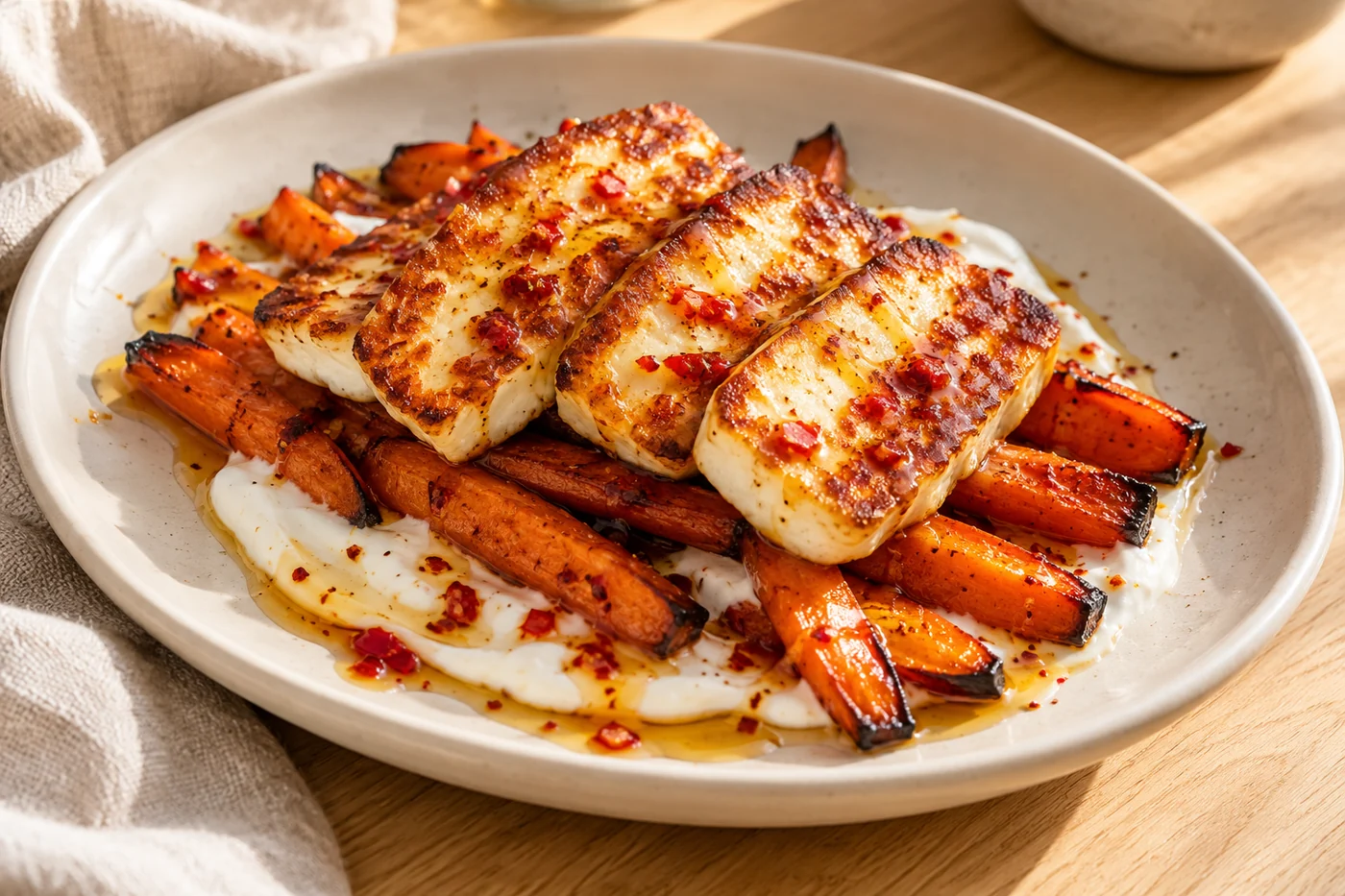 Hot-Honey-Halloumi mit Ofenkarotten auf hellem Keramikgeschirr