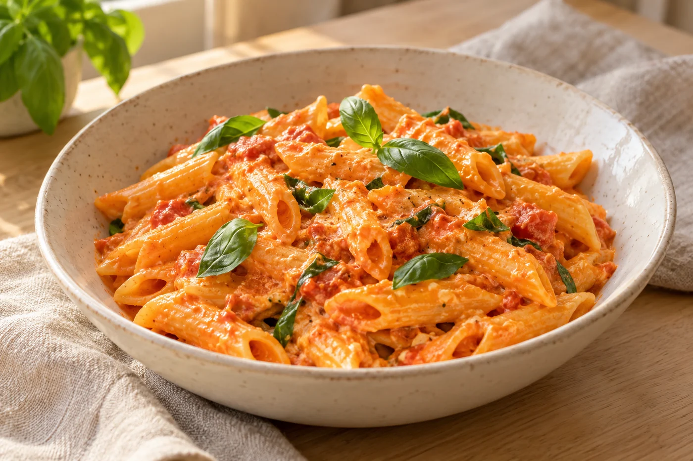 Tomatenpasta mit Hüttenkäse – Cottage Cheese Pasta – das fertig zubereitete Gericht
