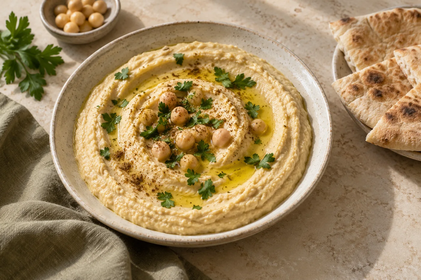 Cremiger Hummus auf hellem Keramikgeschirr