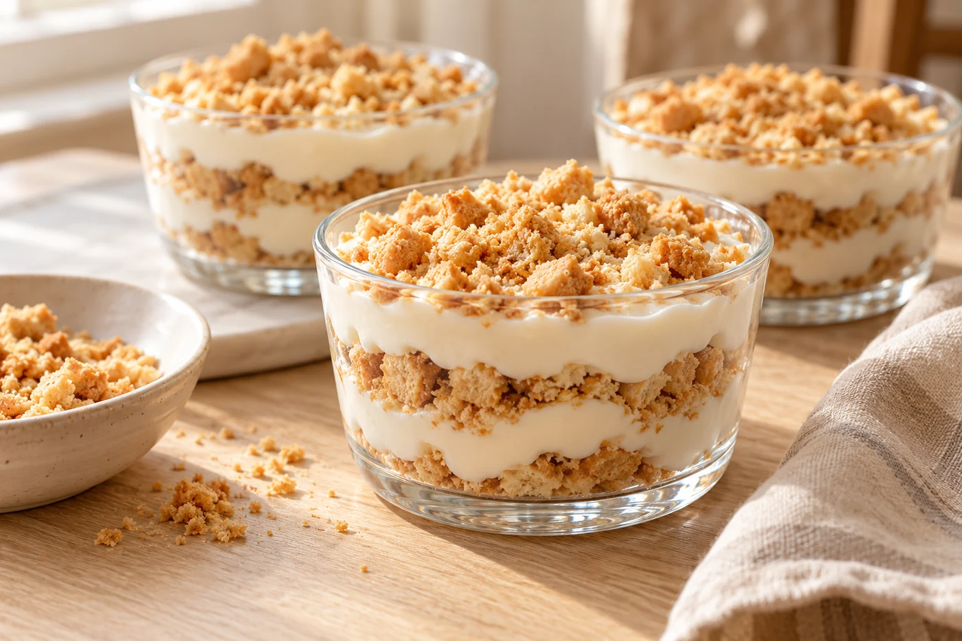 Joghurt-Keks-Dessert – No Bake Cheesecake Style auf hellem Geschirr