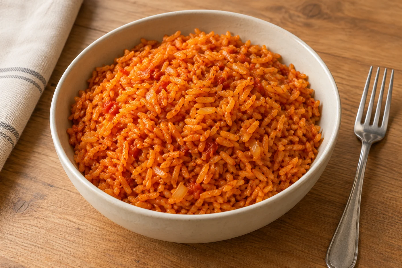 Jollof Rice mit Tomaten und Paprika auf hellem Geschirr