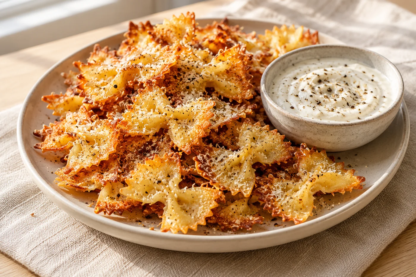 Käse-Pasta-Chips mit Pfefferdip – Pasta Chips – das fertig zubereitete Gericht