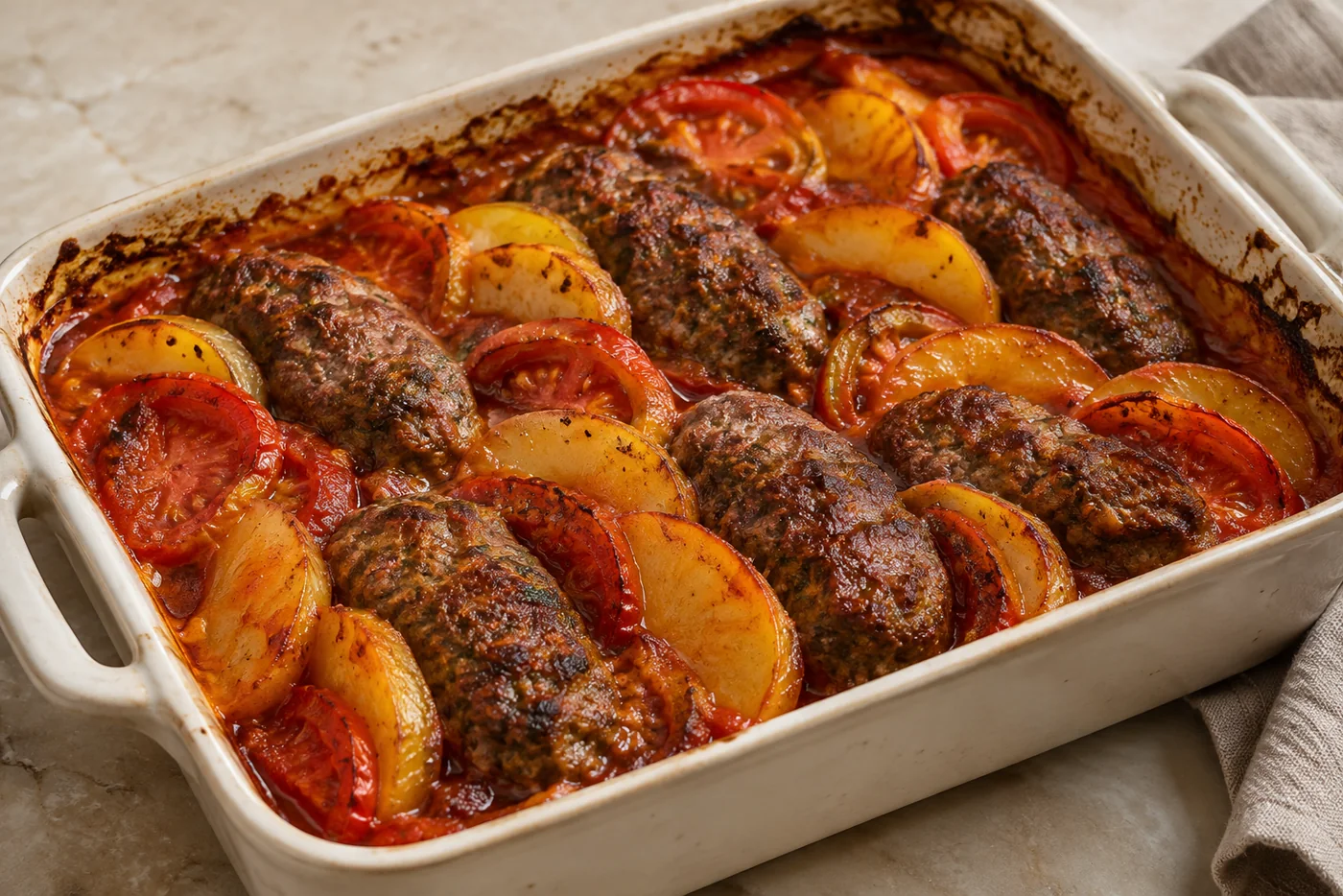 Kafta aus dem Ofen mit Kartoffeln und Tomaten