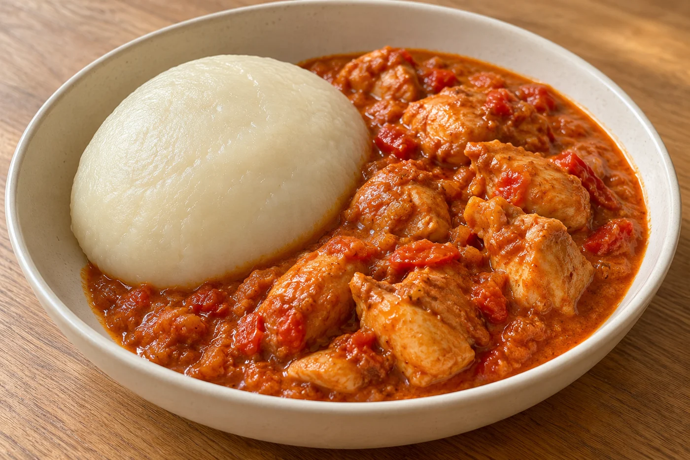 Weißer Kartoffel-Fufu neben Hähnchen in roter Tomaten-Erdnusssauce
