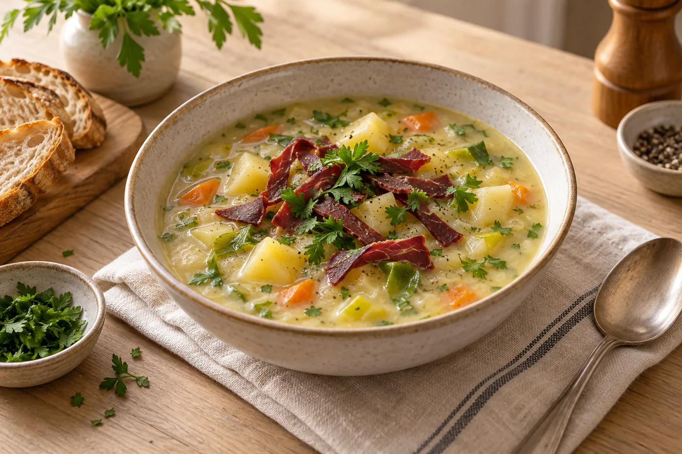 Kartoffelsuppe mit Lauch und Pastırma