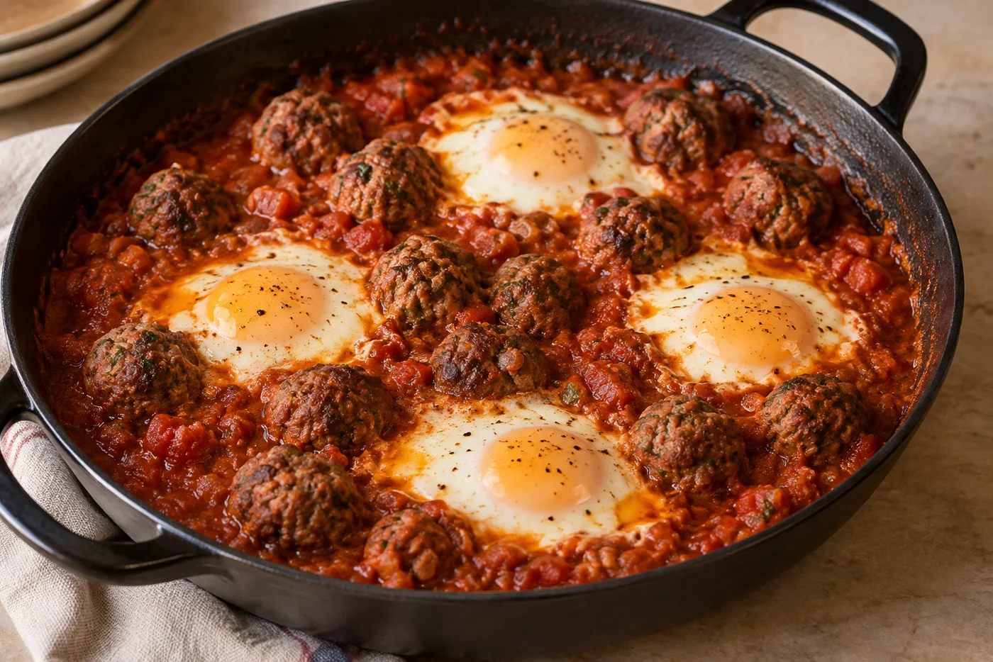 Kefta-Tajine mit Rinderhackbällchen und Eiern