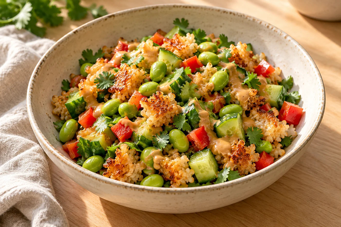 Knusperreis-Salat mit Edamame auf hellem Keramikgeschirr