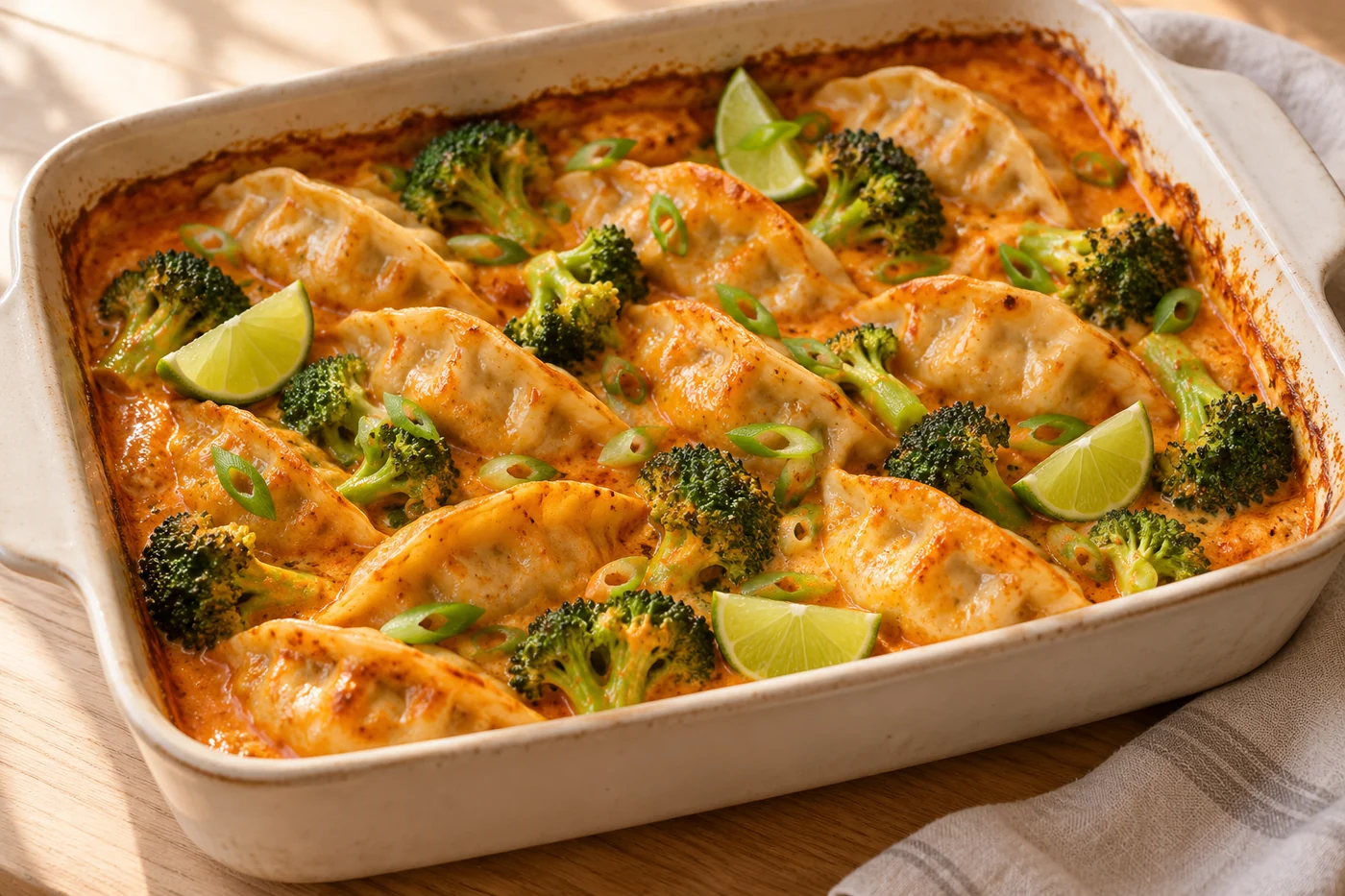 Kokos-Curry-Dumplings aus dem Ofen auf hellem Keramikgeschirr