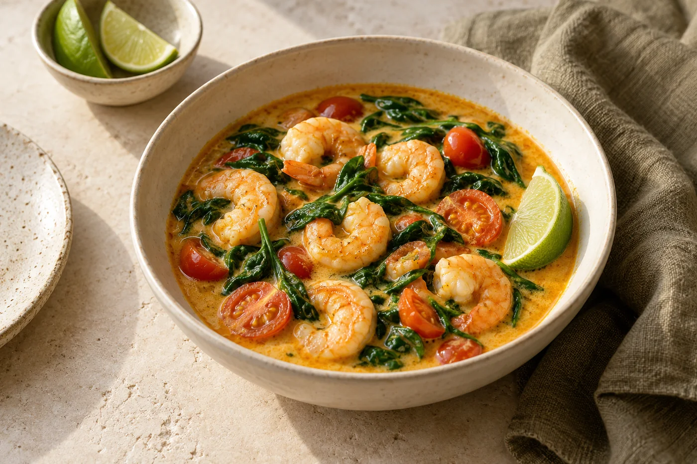 Kokos-Curry mit Garnelen und Spinat auf hellem Keramikgeschirr