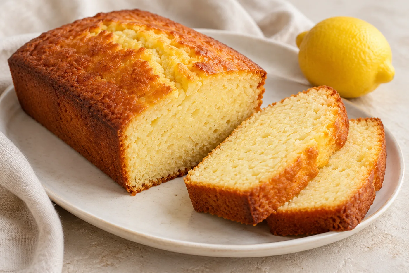 Goldener Zitronen-Joghurtkuchen mit zwei aufgeschnittenen Scheiben