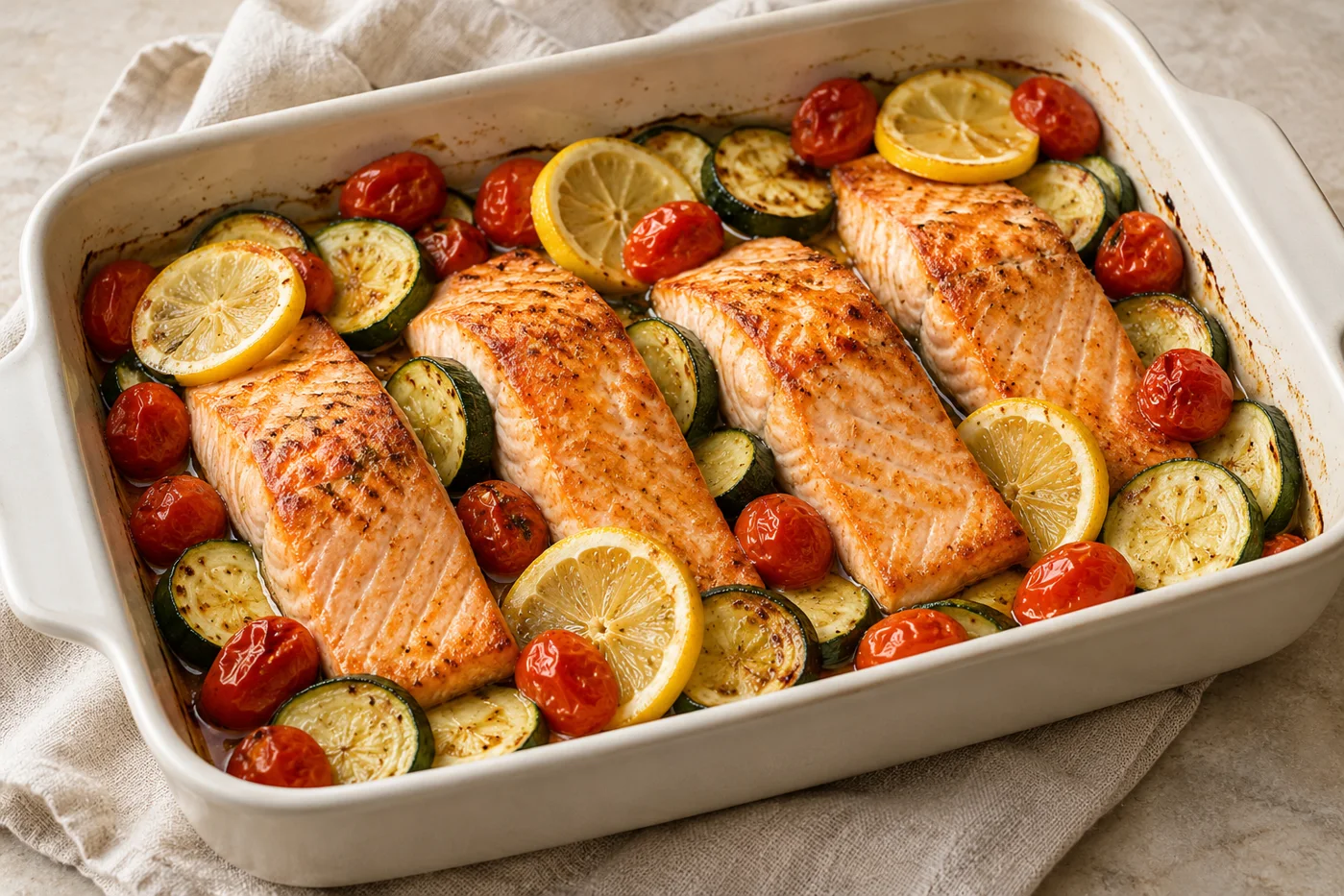 Gebackener Zitronenlachs mit Zucchini und Tomaten in einer Keramikform