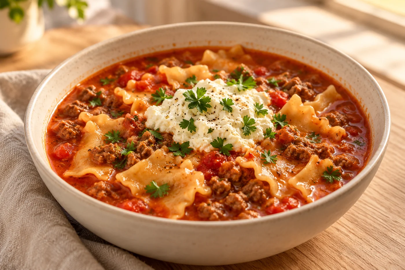 Lasagnesuppe mit Rinderhack – Lasagna Soup auf hellem Geschirr
