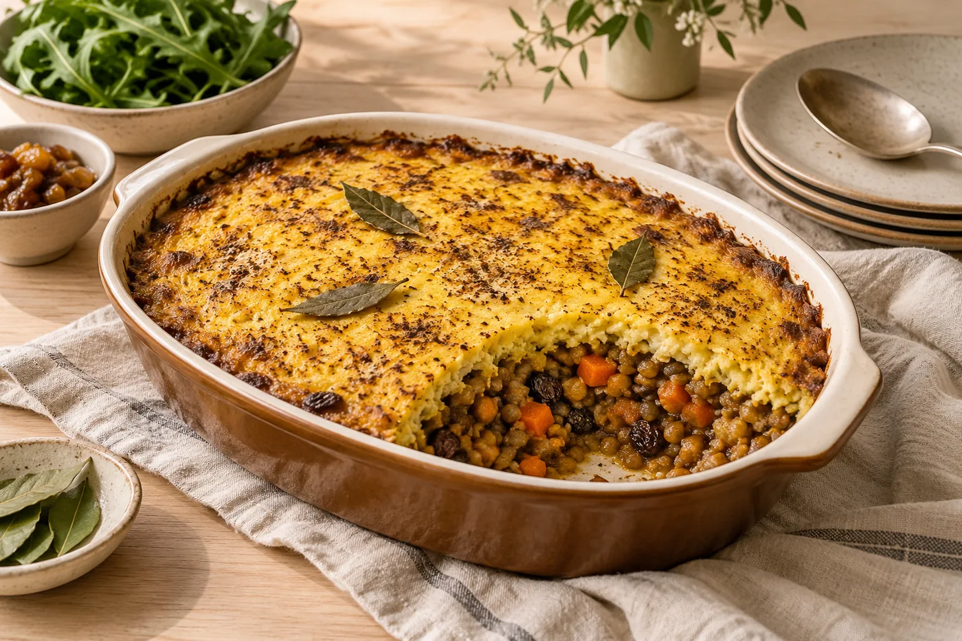 Linsen-Bobotie mit goldener Eierdecke