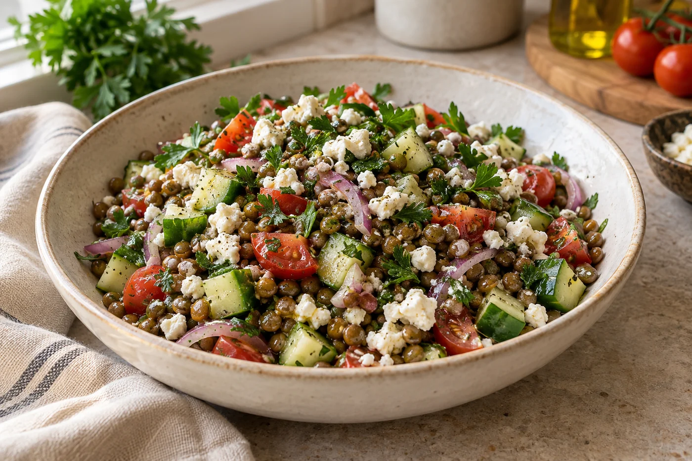 Linsen-Feta-Salat mit Gurke auf einem gedeckten Tisch