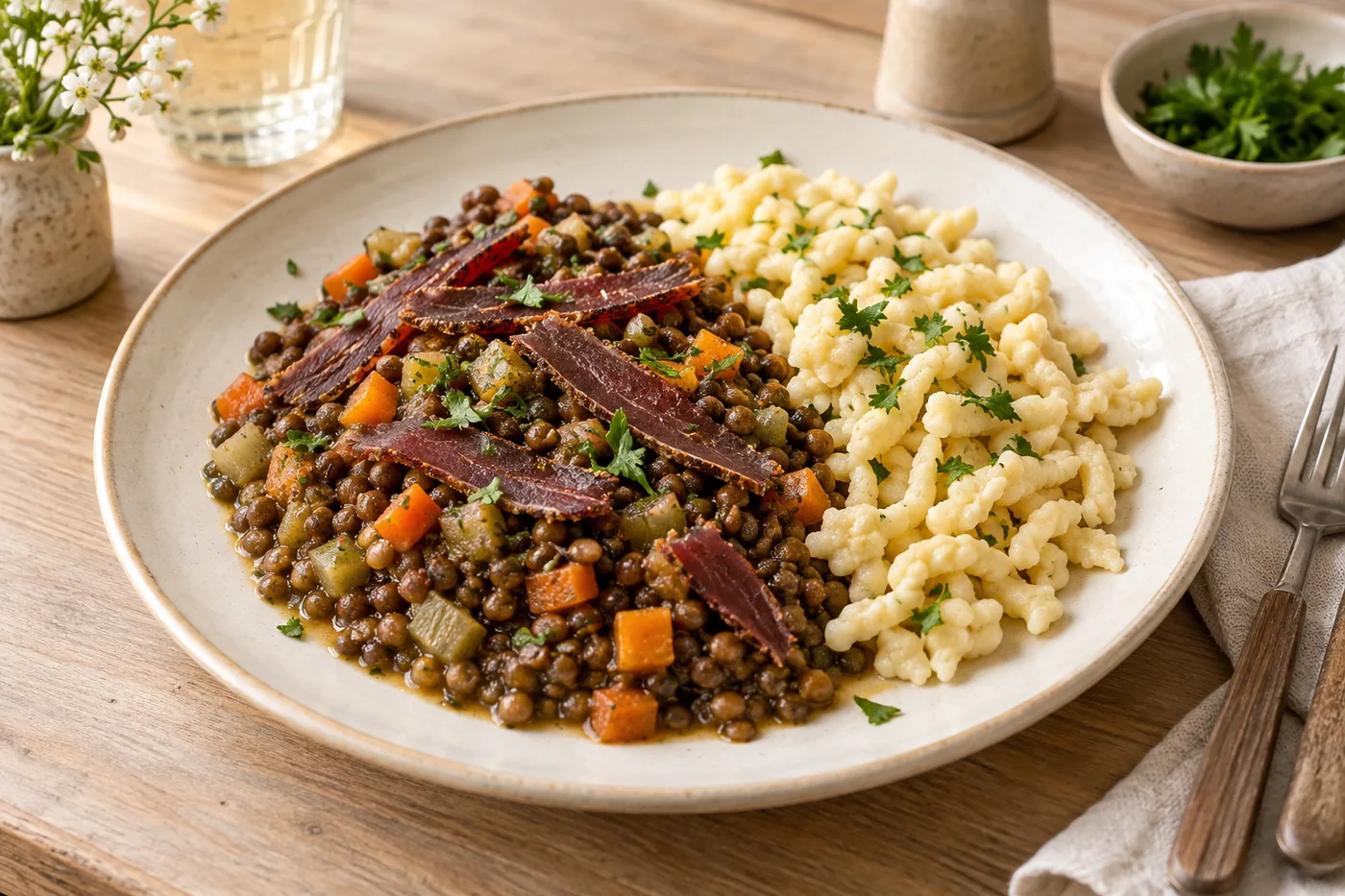 Schwäbische Linsen mit Spätzle und Pastırma