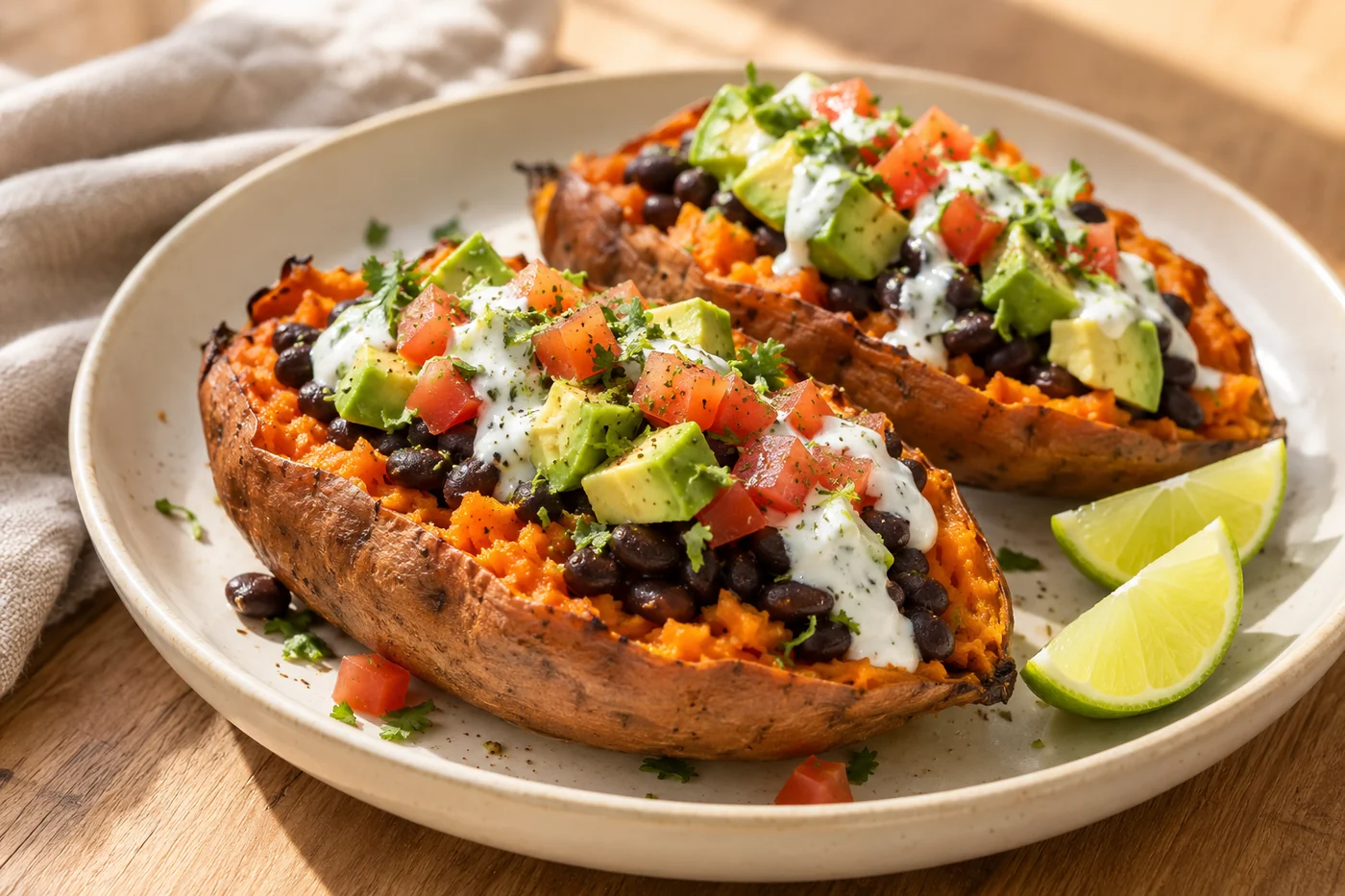 Loaded Sweet Potatoes mit schwarzen Bohnen – das fertig zubereitete Gericht
