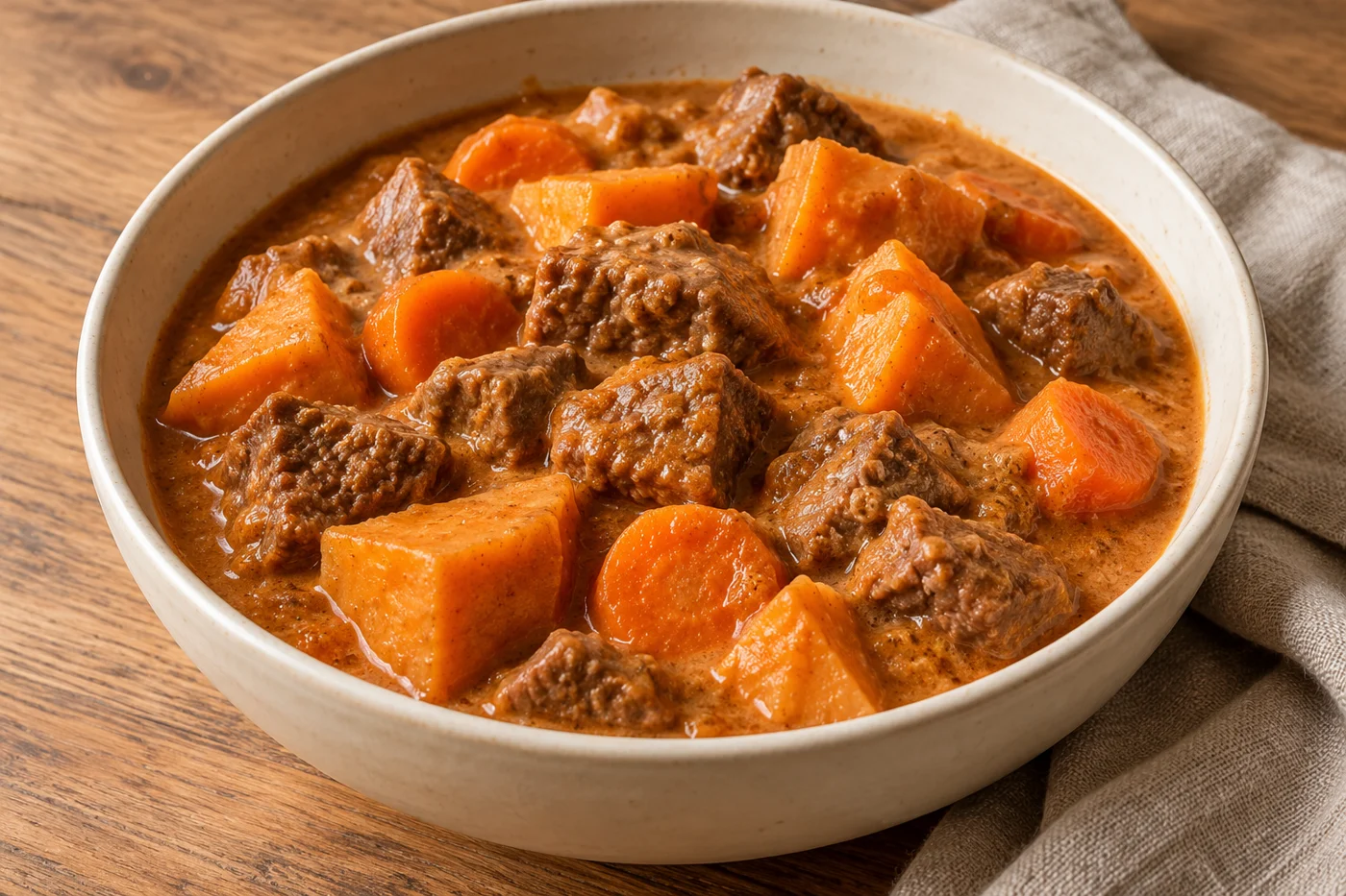 Mafé mit Rind und Gemüse auf hellem Geschirr