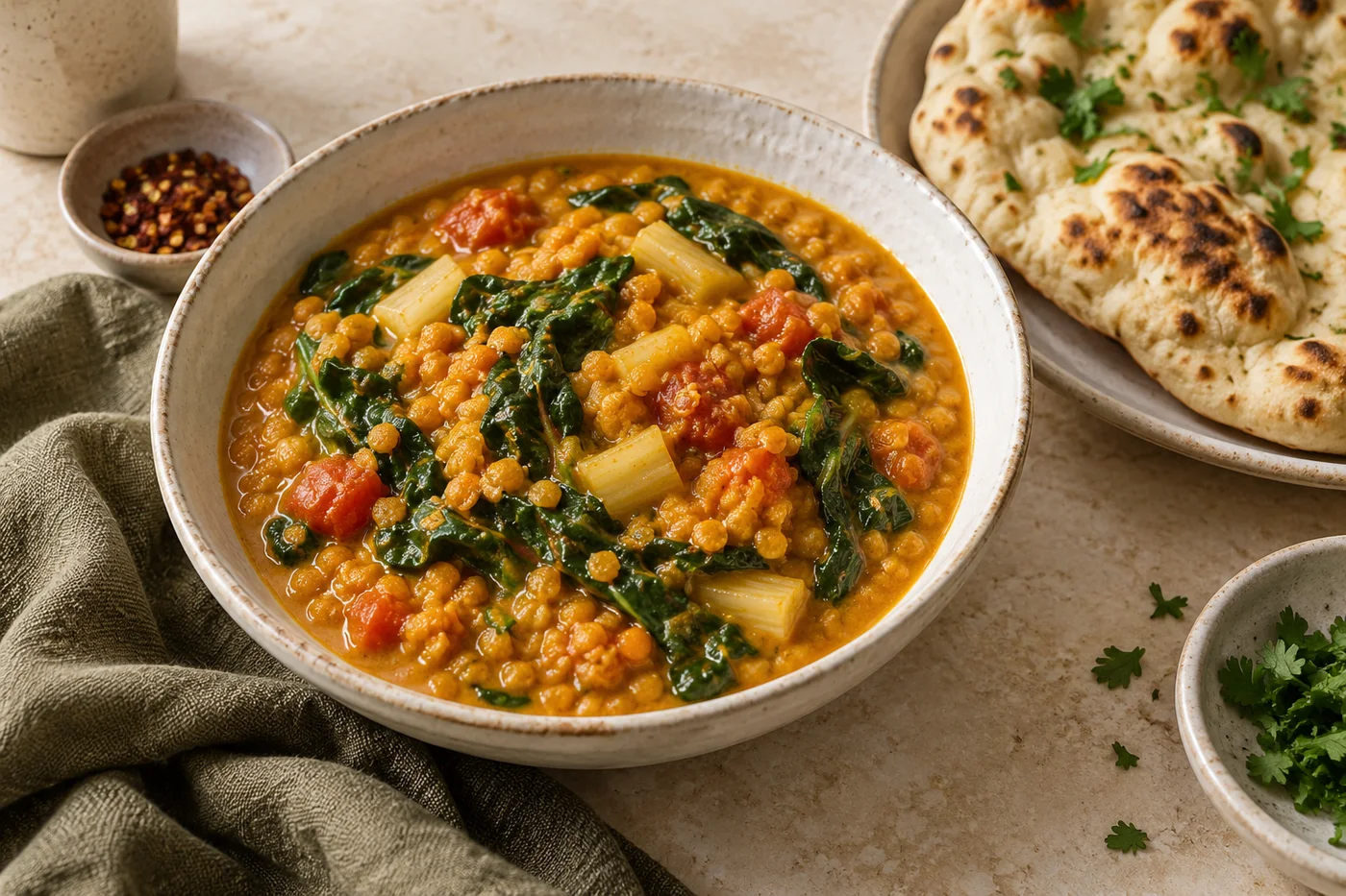 Mangold-Linsen-Curry mit Kokosmilch in einer Keramikschale