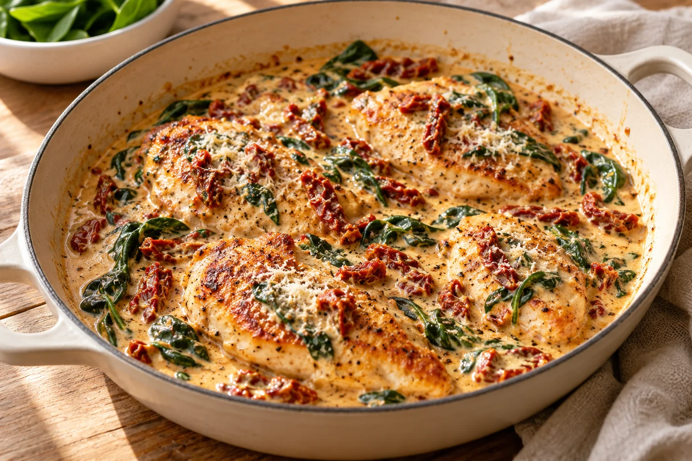 Marry Me Chicken mit Spinat auf hellem Keramikgeschirr