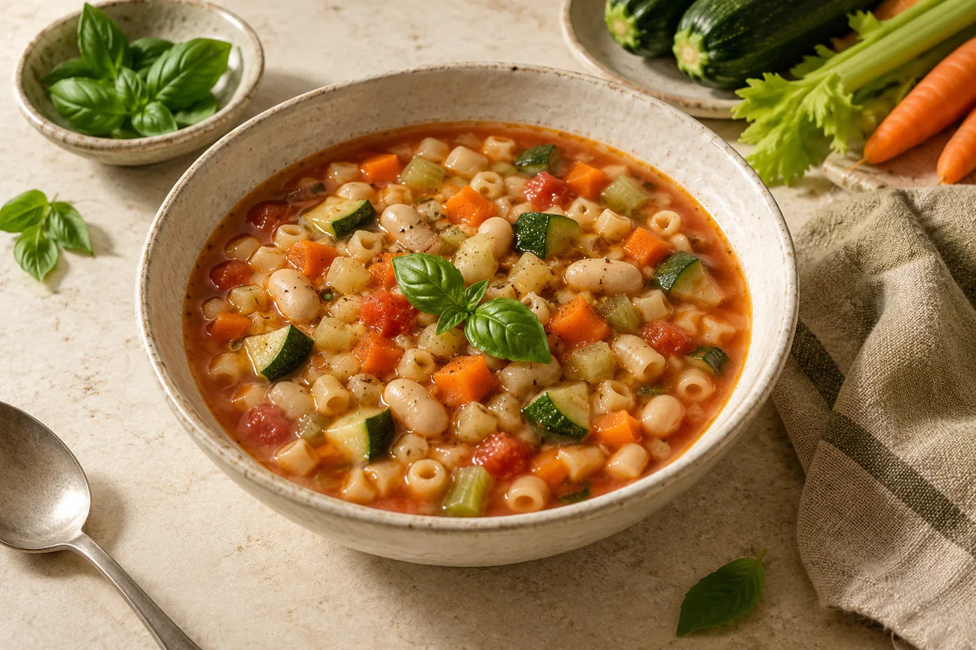 Minestrone mit weißen Bohnen auf hellem Keramikgeschirr
