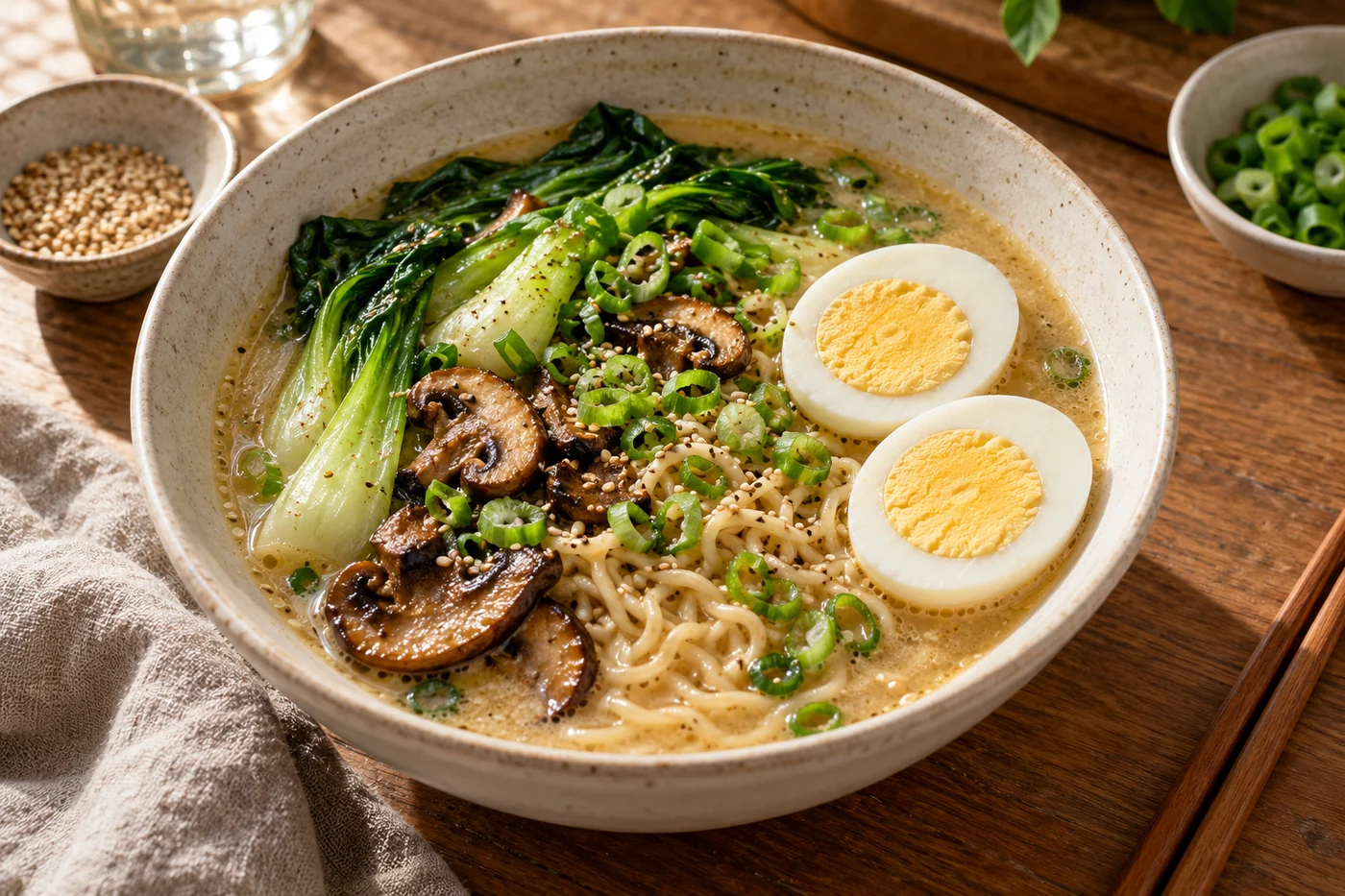 Miso-Ramen mit Pilzen und Ei – das fertig zubereitete Gericht