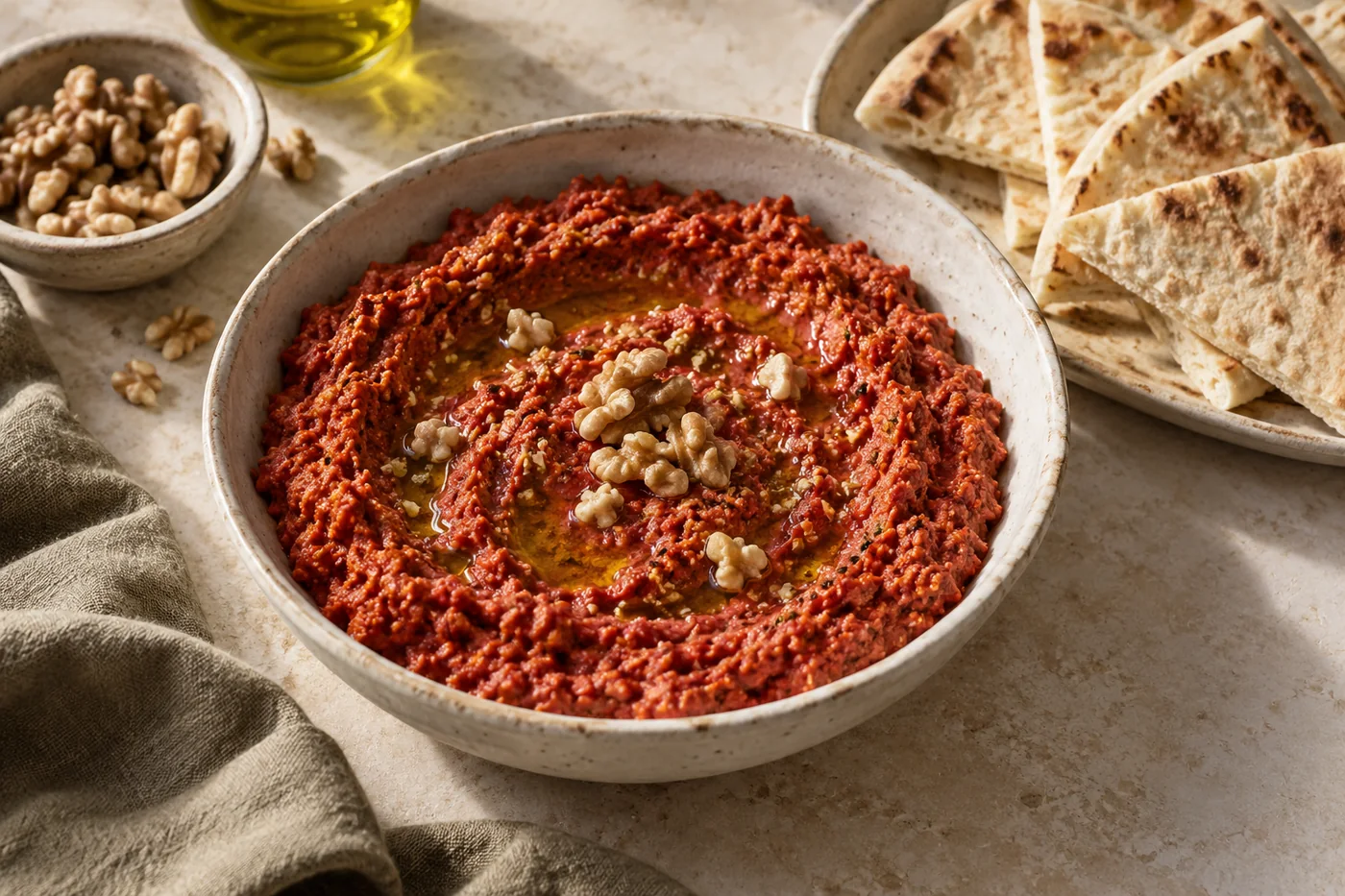 Muhammara – Paprika-Walnuss-Dip auf hellem Keramikgeschirr