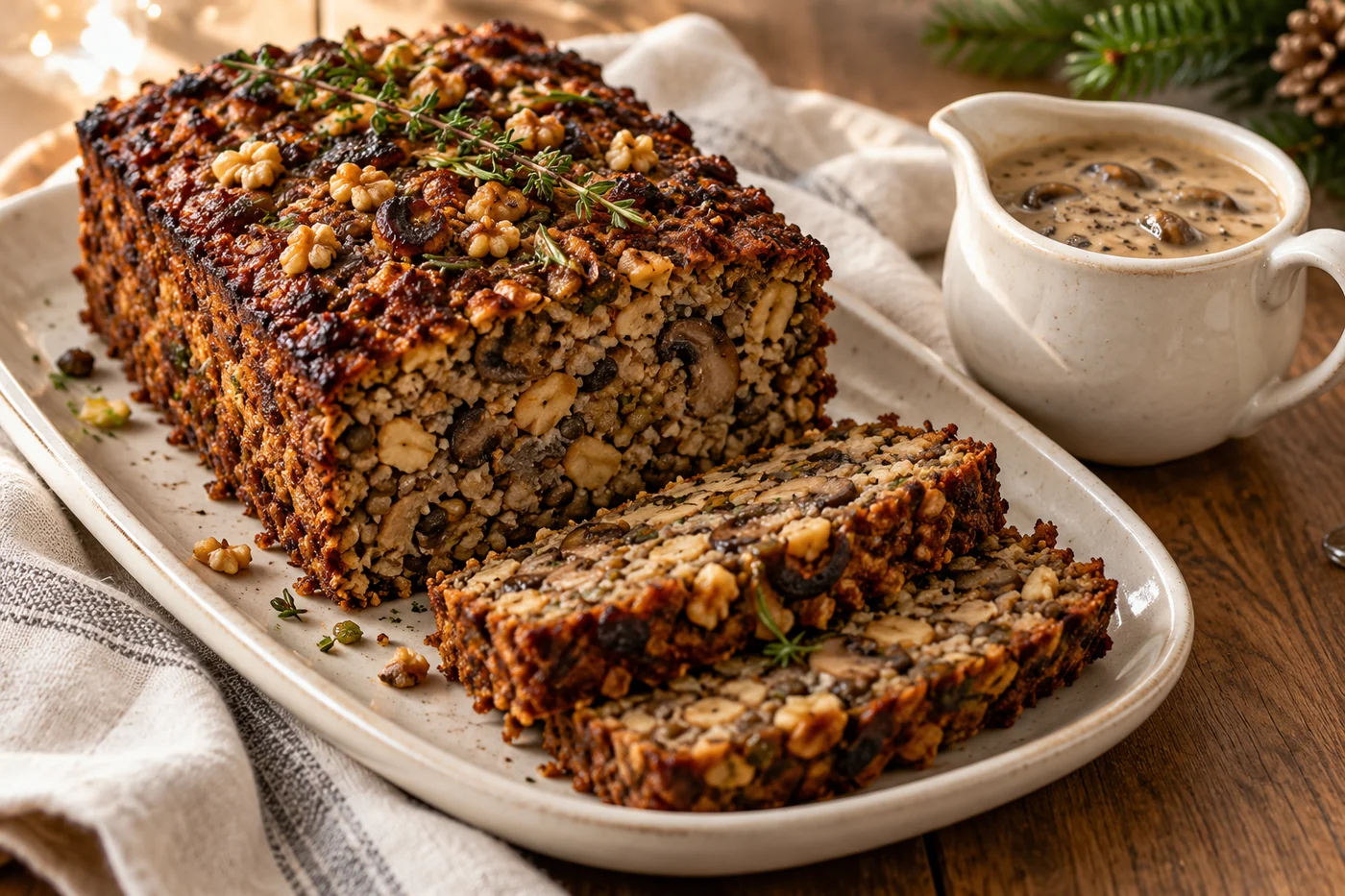 Vegetarischer Nussbraten mit Pilzsauce