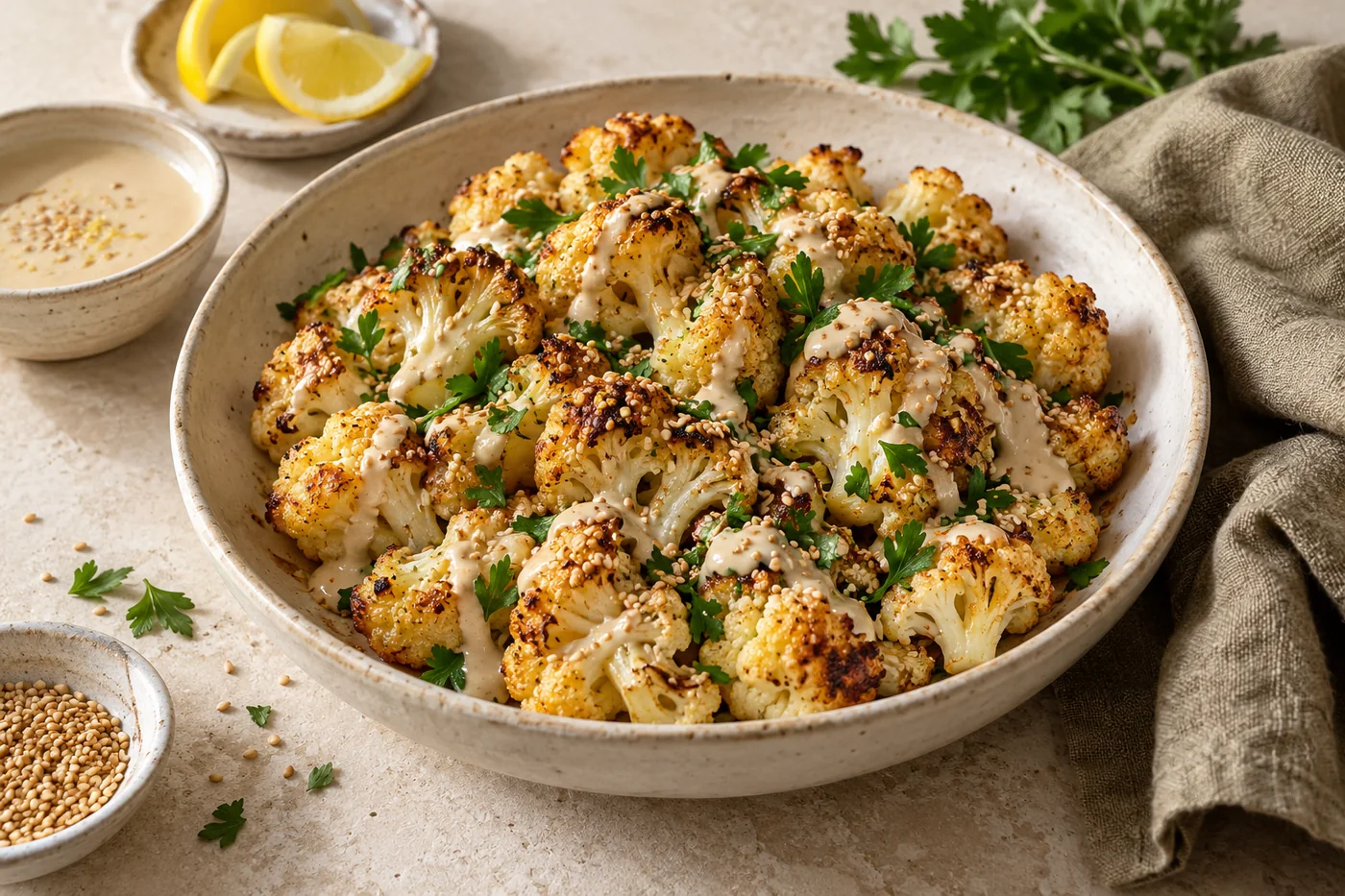 Ofenblumenkohl mit Tahini-Zitronen-Sauce auf hellem Keramikgeschirr