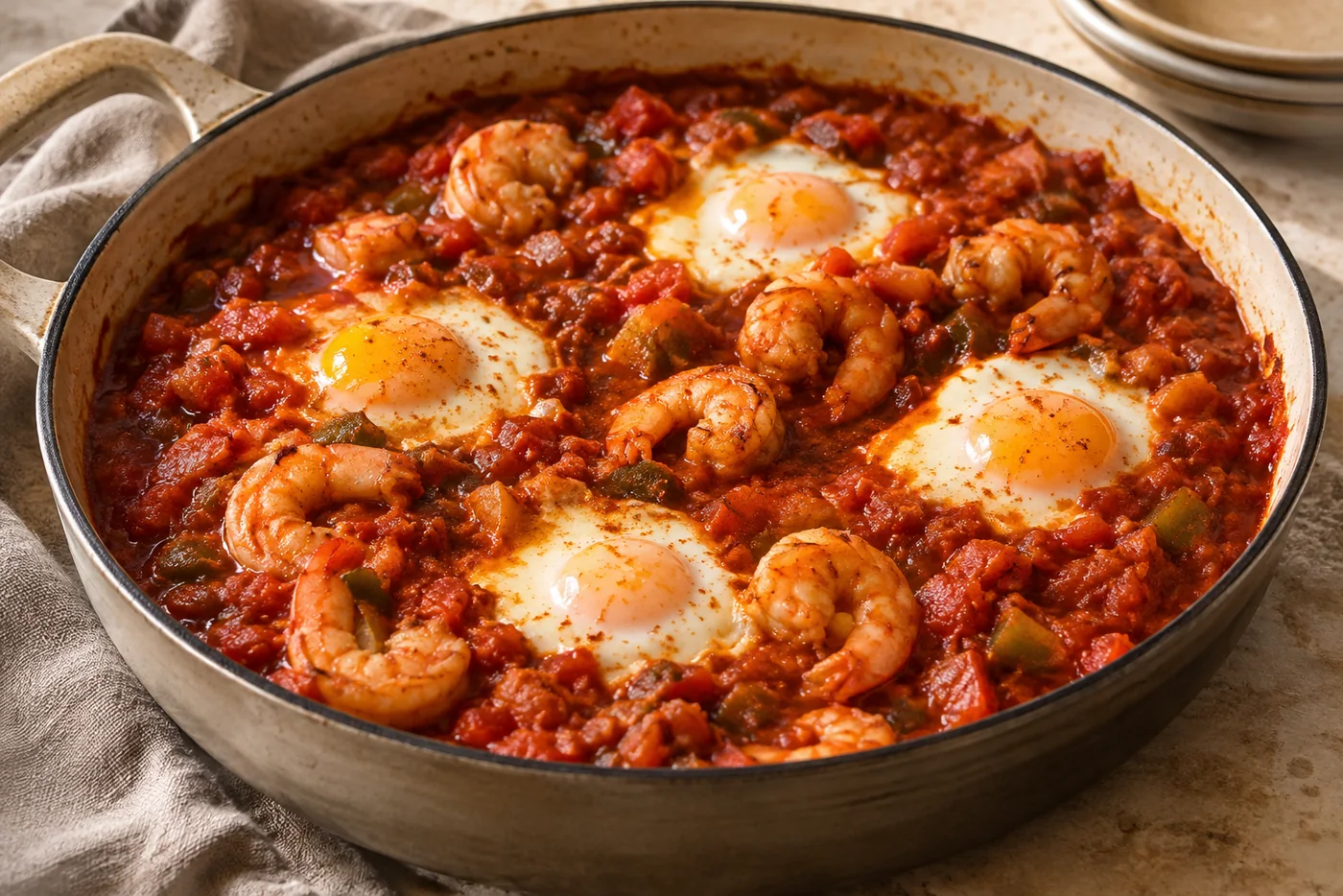 Ojja mit Garnelen in würziger Tomatensauce