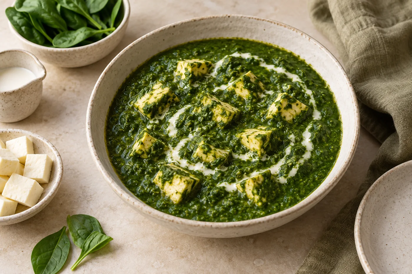 Palak Paneer – Spinat mit indischem Frischkäse auf hellem Geschirr angerichtet