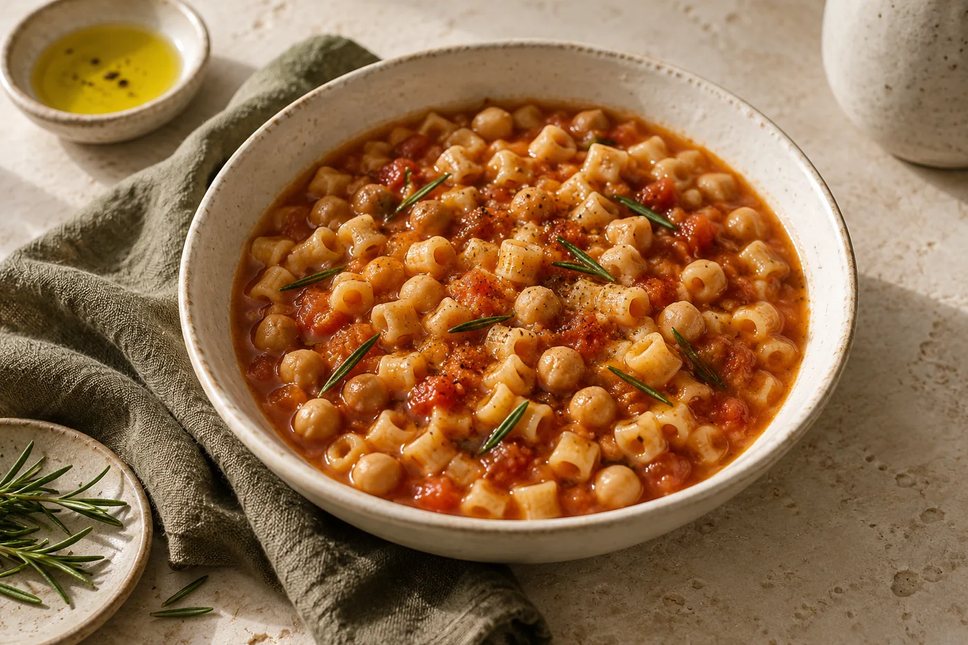 Pasta e ceci – Nudeln mit Kichererbsen auf hellem Keramikgeschirr